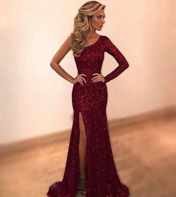 One Shoulder Bronzing Evening dresss - WOMONA.COM