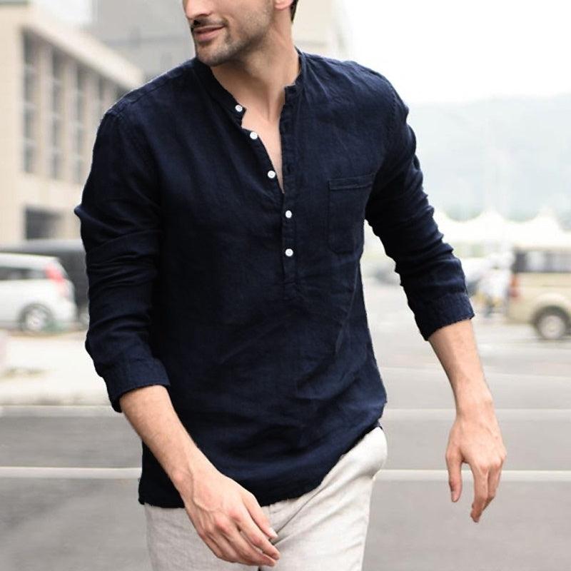 Men's navy long-sleeve button henley shirt with chest pocket