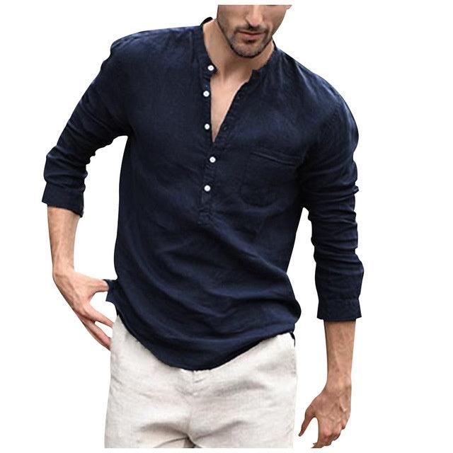 Men's navy long-sleeve button henley shirt with chest pocket and split hem