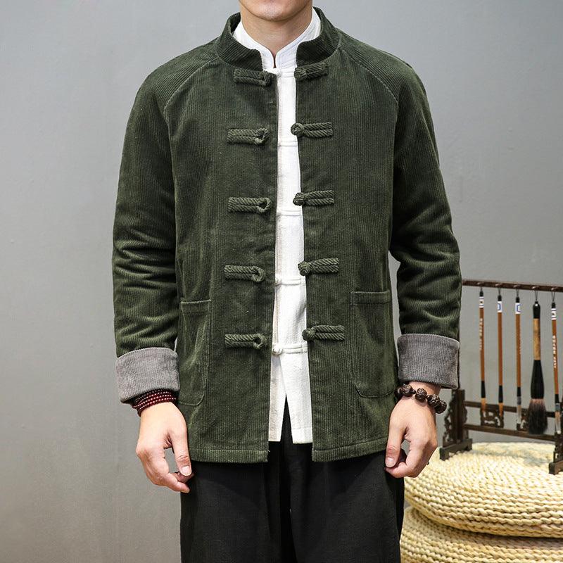 Men's green Chinese tunic jacket with stand collar and frog button placket