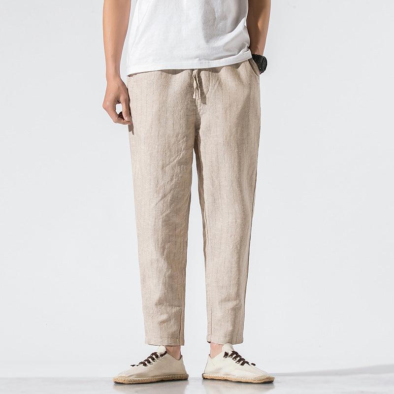 Linen cropped trousers striped cotton linen pants - WOMONA.COM