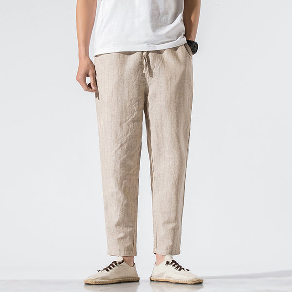 Linen cropped trousers striped cotton linen pants - WOMONA.COM