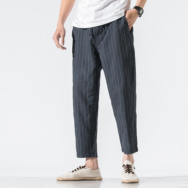 Linen cropped trousers striped cotton linen pants - WOMONA.COM