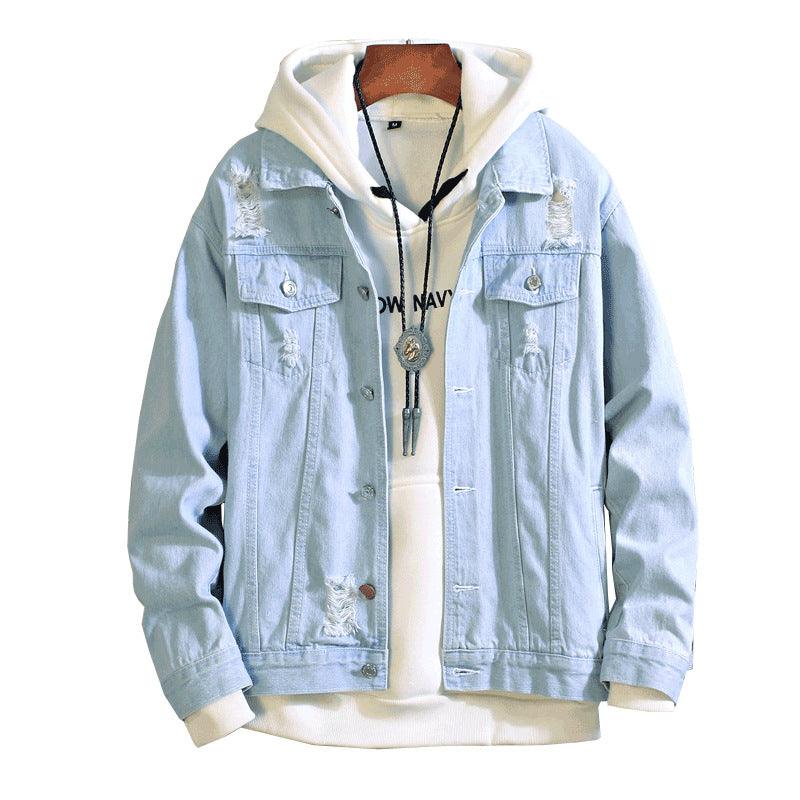 Light blue denim work jacket with hood, front snap placket, chest patch pockets.