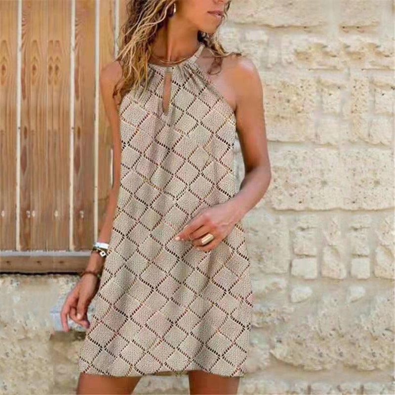 Beige printed halter neck A-line mini dress with diamond lattice pattern and sleeveless cut