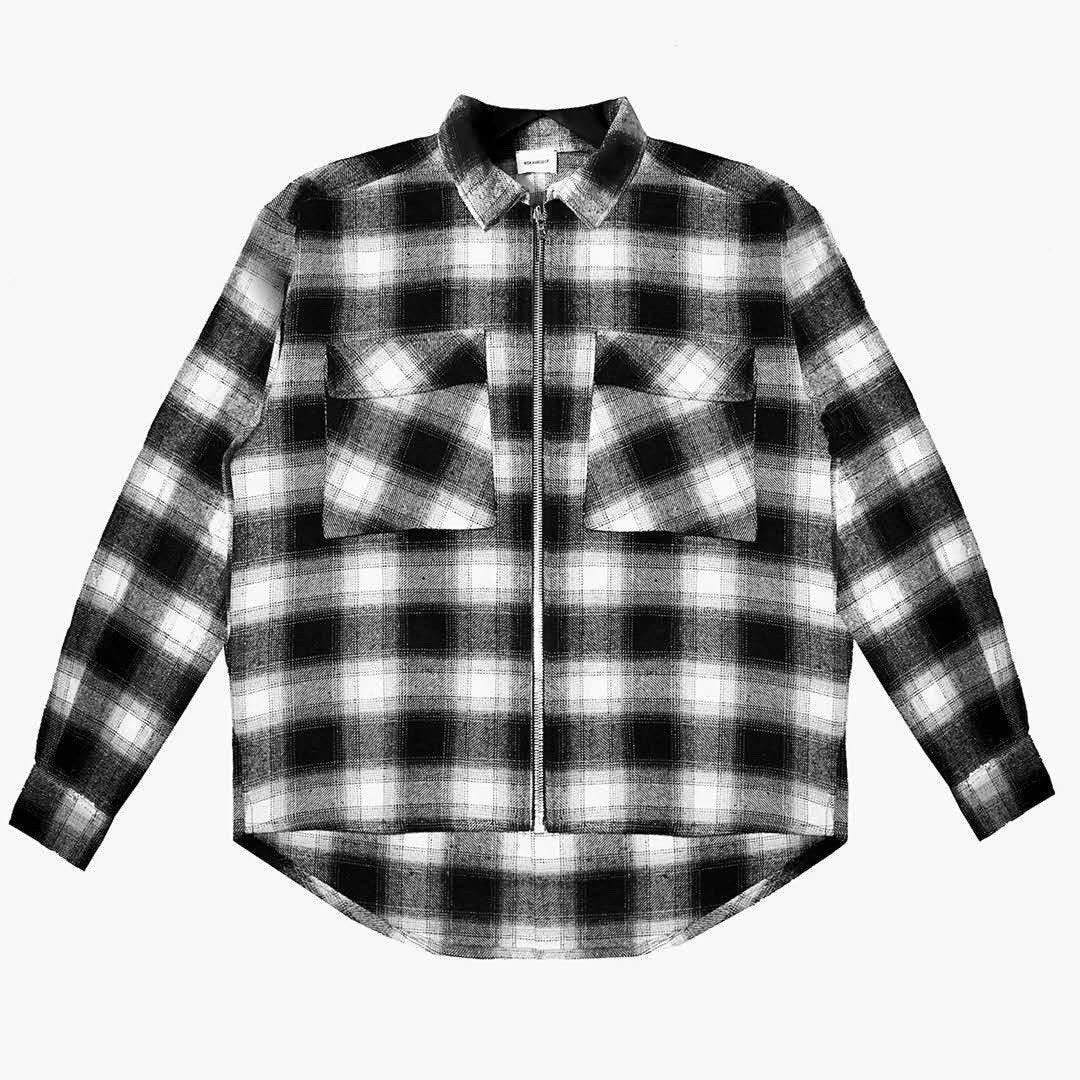 Men's zip-front flannel shirt, black-and-white plaid, button collar, long sleeves