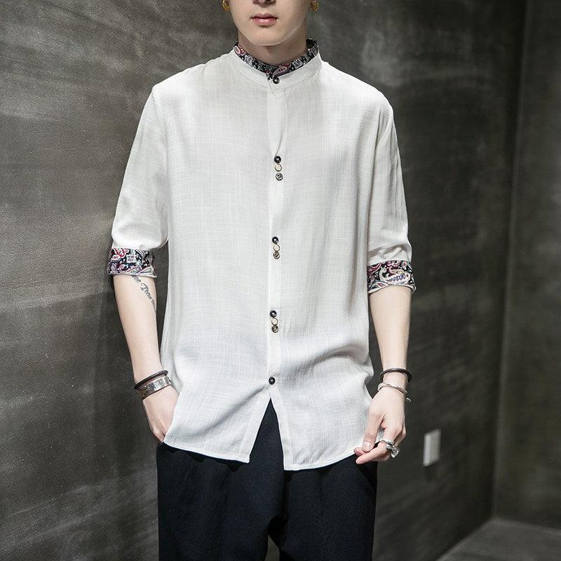 Men's white linen hanfu shirt with stand collar and center-button placket