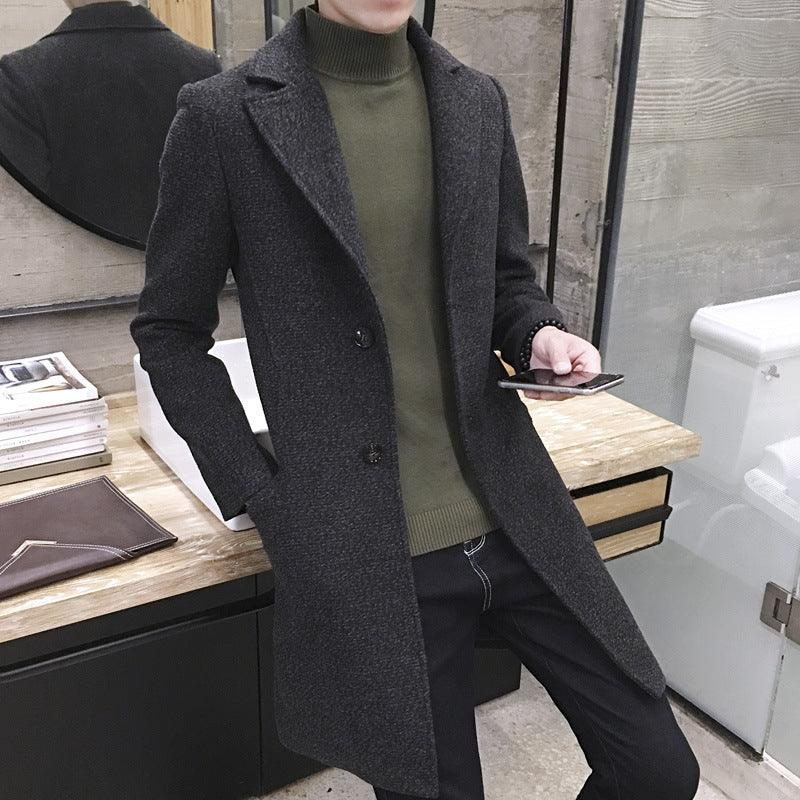 Men's dark charcoal wool coat, long single-breasted with notch lapels and button front