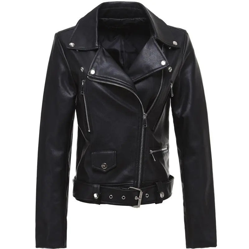Black leather biker jacket with zip front, snap collar, and belted waist