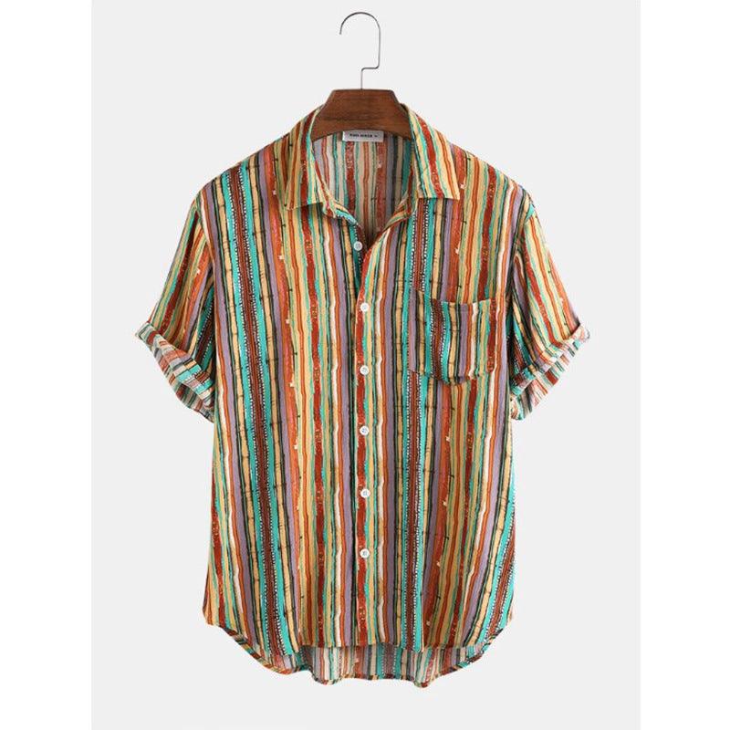 Men's striped short-sleeve beach shirt with brown, teal, and orange vertical stripes