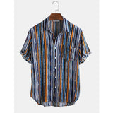 Men Stripe Short Sleeve Beach Shirt - WOMONA.COM