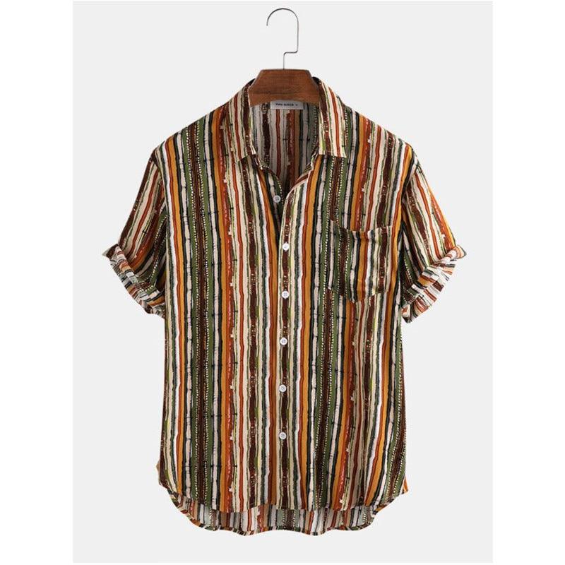 Men's striped short-sleeve beach shirt with vertical multicolor stripes and chest pocket