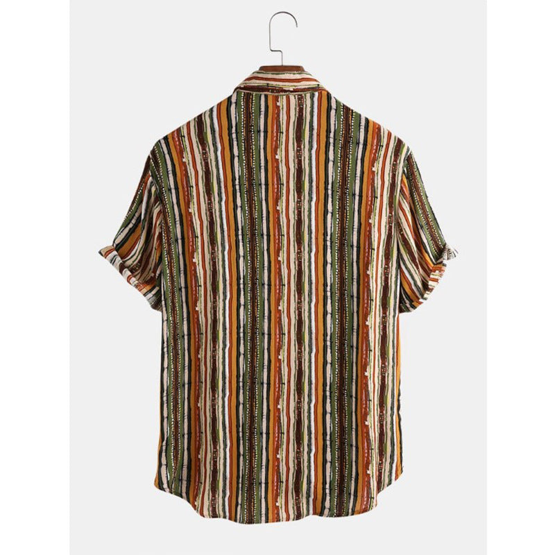 Men Stripe Short Sleeve Beach Shirt - WOMONA.COM