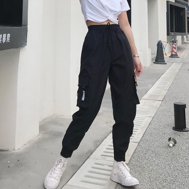 Women's black cargo jogger pants with drawstring waist and side cargo pockets