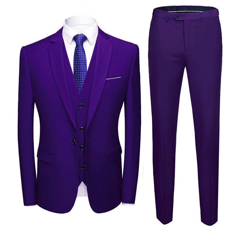 Men's purple suit jacket and trousers set with dress shirt and patterned tie