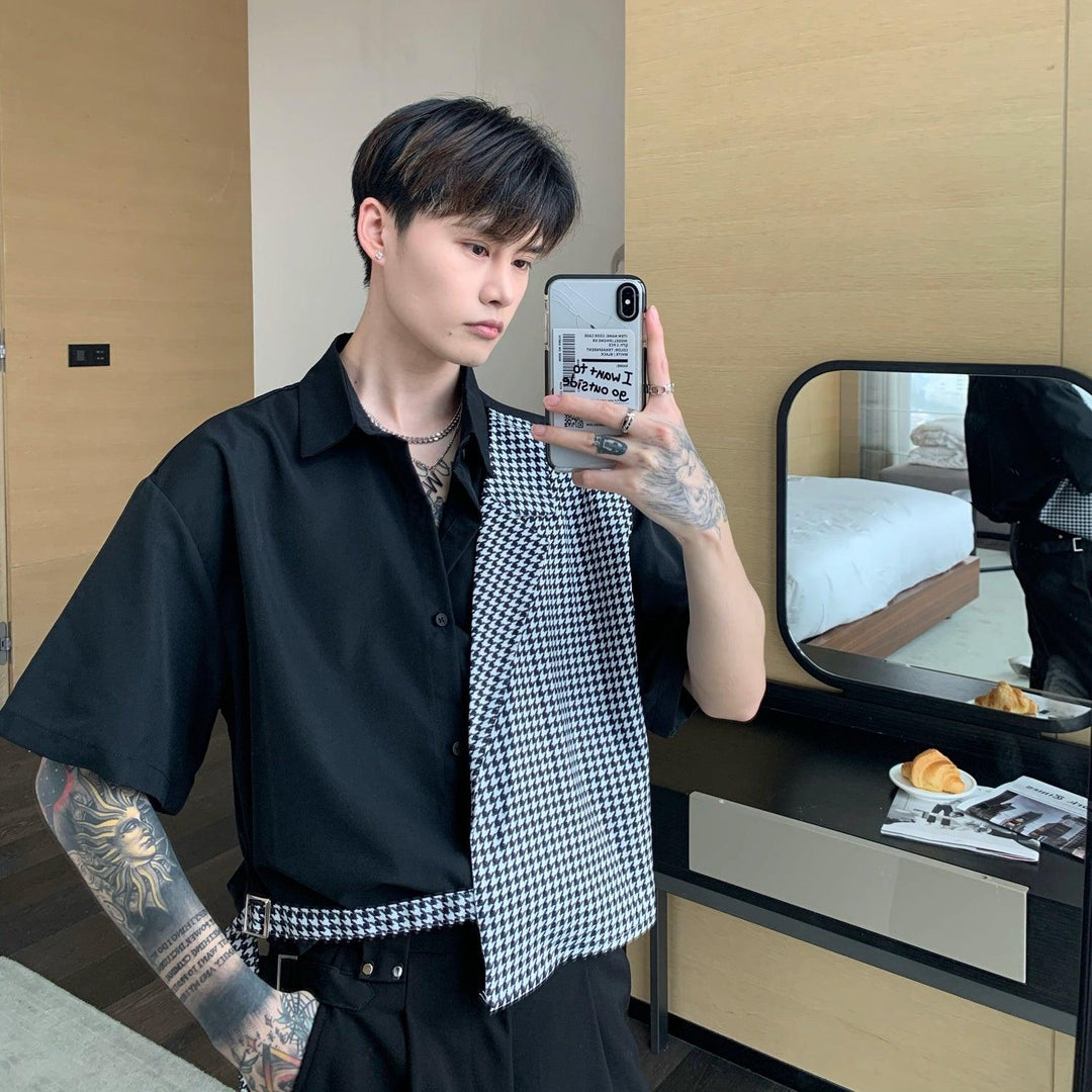 Men's black short-sleeve button-up shirt with asymmetrical houndstooth panel