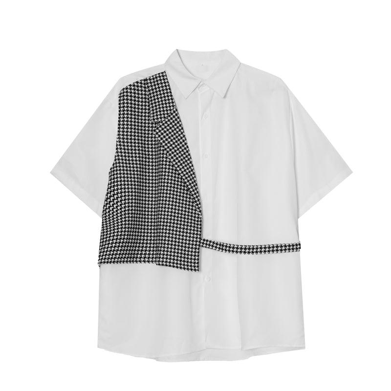 Men's white short-sleeve button-up shirt with houndstooth side panel
