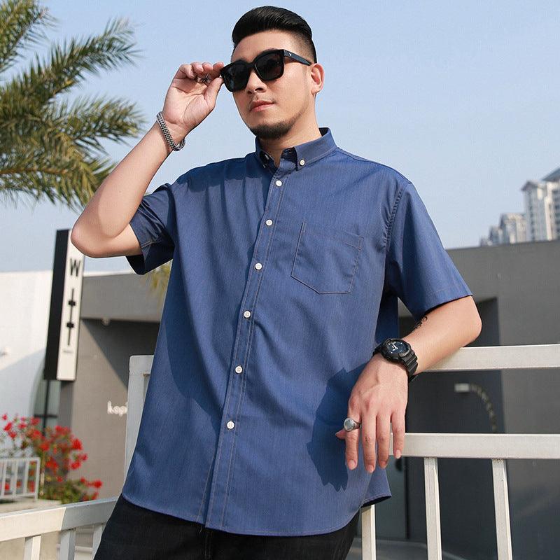 Men's dark blue denim short-sleeve button-up shirt, chest pocket, point collar.