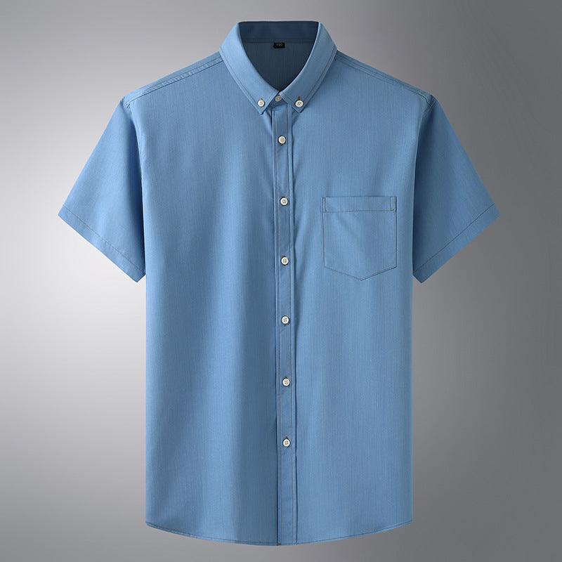 Men's light blue denim short-sleeve button-up shirt with chest pocket and point collar.