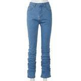 Ruched Denim Blue High Wait Stacked Pants - WOMONA.COM