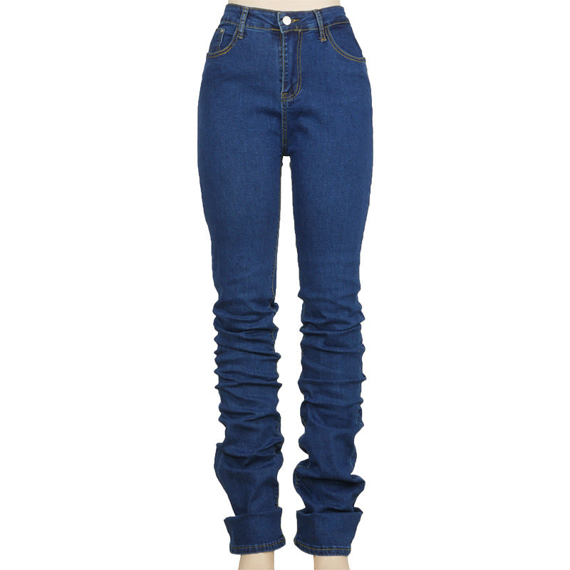 Ruched Denim Blue High Wait Stacked Pants - WOMONA.COM