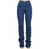 Ruched Denim Blue High Wait Stacked Pants - WOMONA.COM