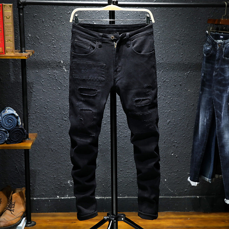 Summer New Jeans Pure Black Ripped - WOMONA.COM