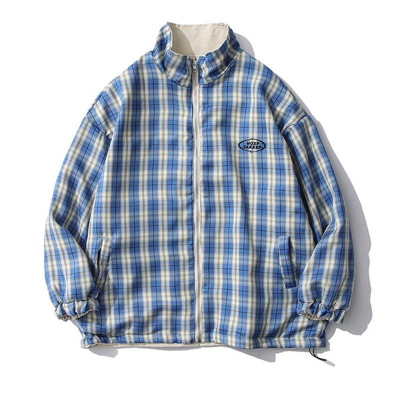 Blue plaid reversible stand-collar jacket with full zipper, elastic cuffs, chest logo.