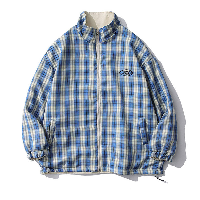 Reversible Plaid Stand Collar Jacket - WOMONA.COM