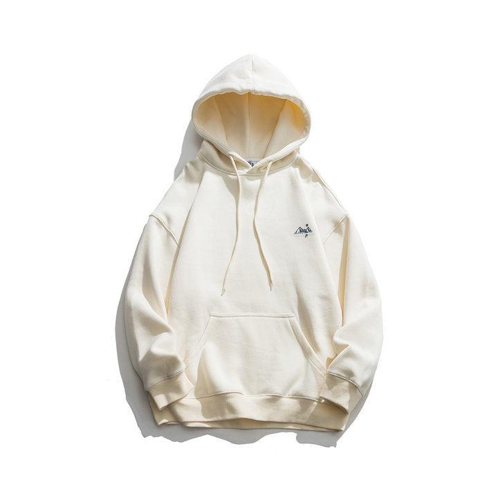 Pullover hoodie in off-white with adjustable drawstring hood and front kangaroo pocket