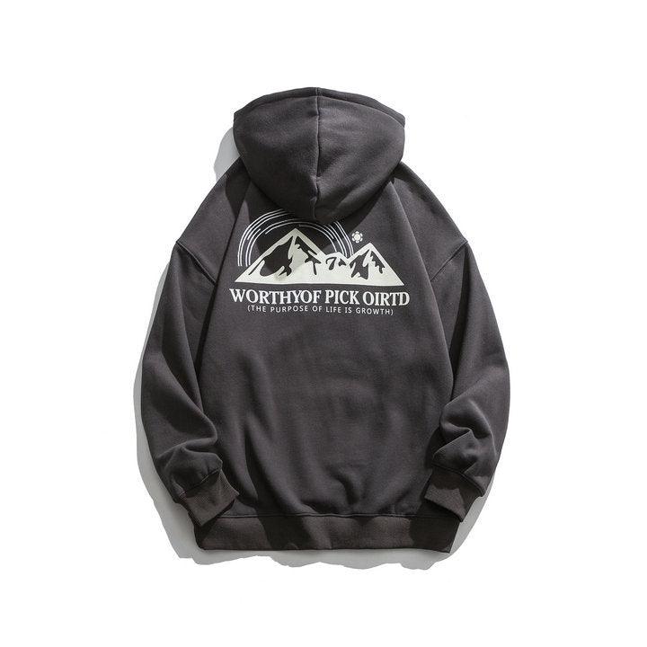 Dark gray pullover hoodie with back graphic and drawstring hood