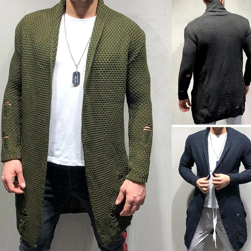 Army green knit cardigan sweater, open front, long sleeves, textured waffle weave