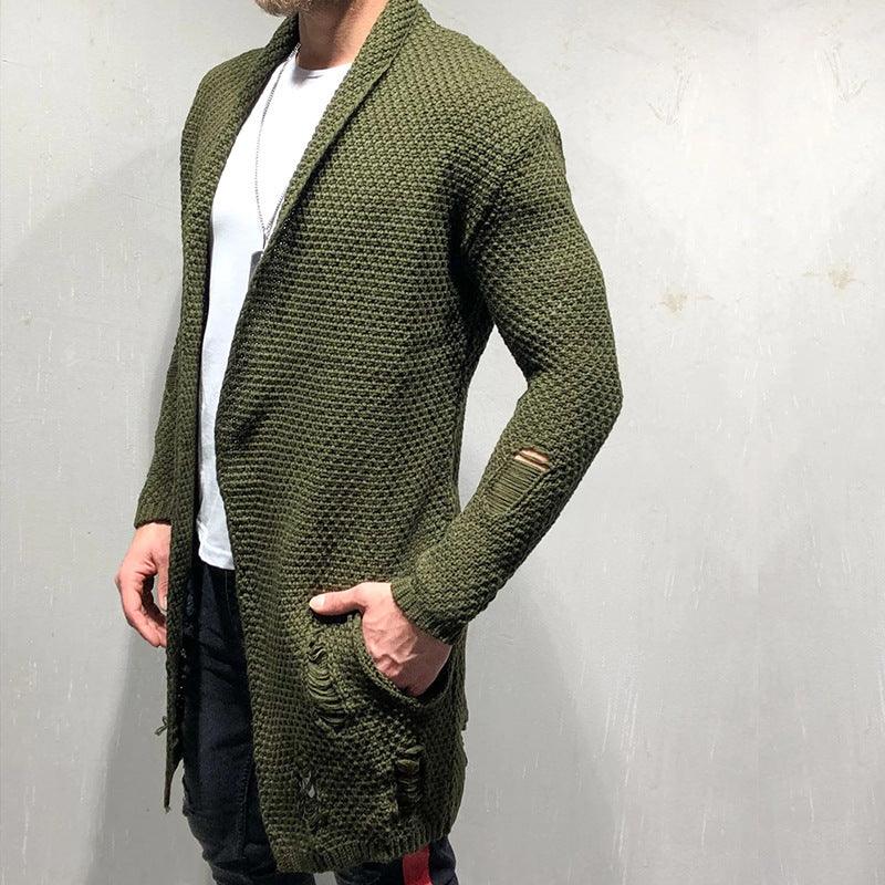 Olive green knit cardigan sweater, open front, long sleeves, elbow patch details