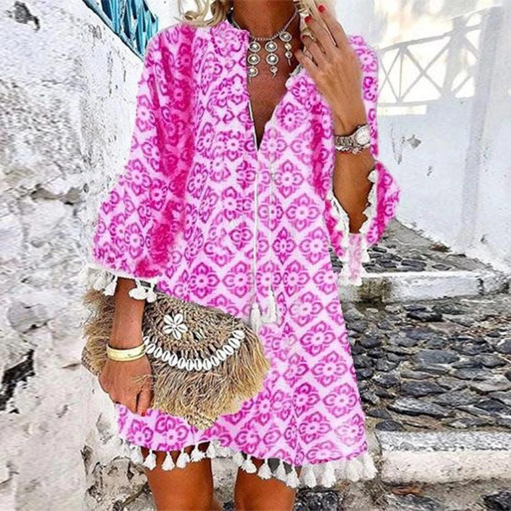 Plus Size Women V Neck Lace Up Tassel Autumn Dress - WOMONA.COM