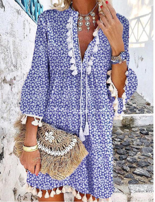Plus Size Women V Neck Lace Up Tassel Autumn Dress - WOMONA.COM