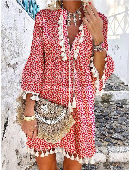 Plus Size Women V Neck Lace Up Tassel Autumn Dress - WOMONA.COM