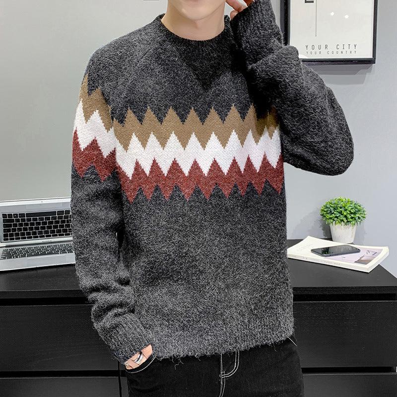 Men's knit sweater, dark grey fuzzy fabric, zigzag stripe pattern, crew neck, long sleeves