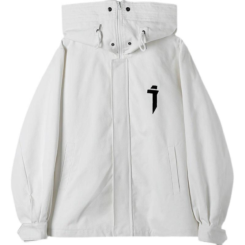 White hooded long-sleeve jacket with drawcord and zip front, front pockets, loose fit