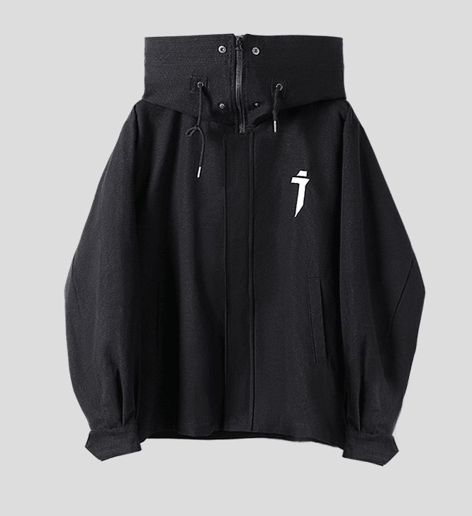 Black hooded long-sleeve jacket with zip front, drawcord at hood, front pocket details