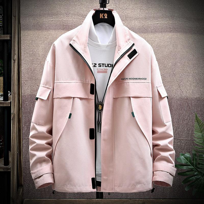Men’s short casual jacket, light pink with zip front, stand collar, flap pockets