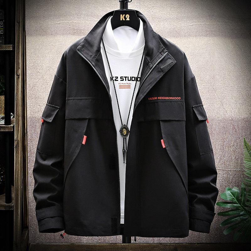 Men’s short casual jacket, black with zip front, stand collar, flap chest pockets