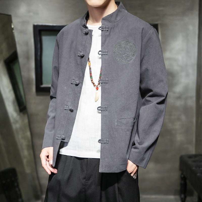 Men's long-sleeve kimono-style cardigan shirt in dark gray, front toggle closure, chest pocket