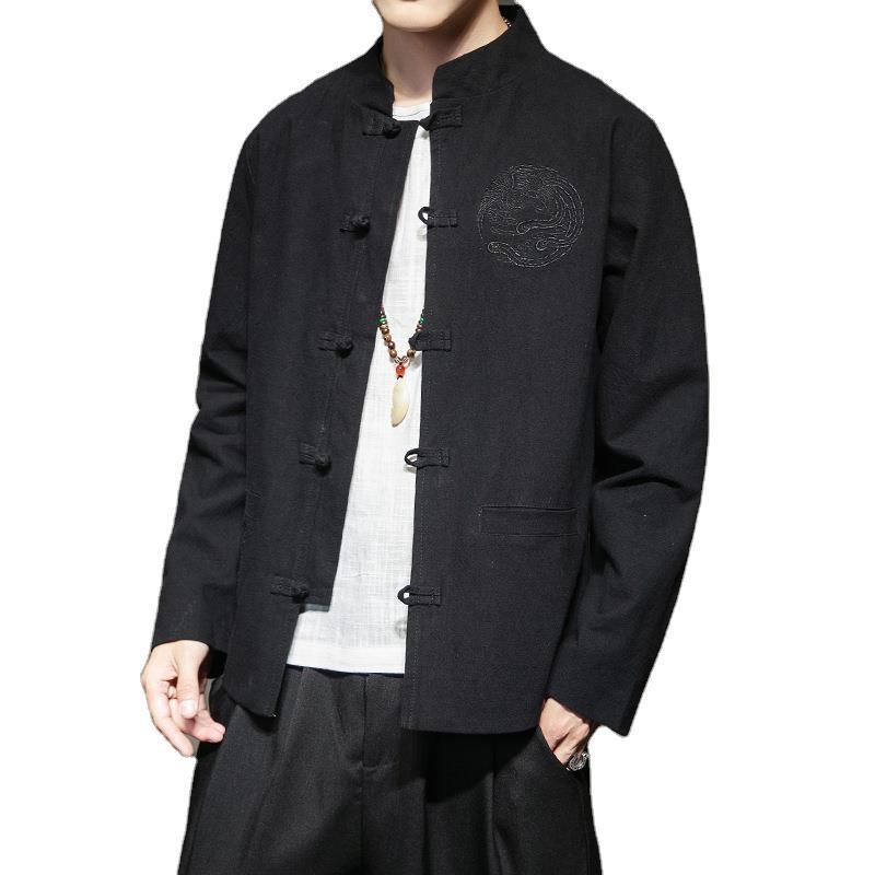 Men's long-sleeve kimono-style cardigan in black, toggle front, chest pocket