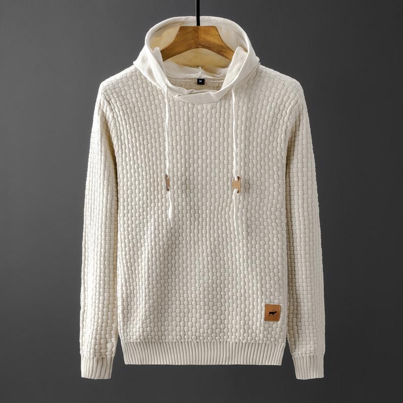 Cream textured pullover sweater with hood and drawstring, long sleeves
