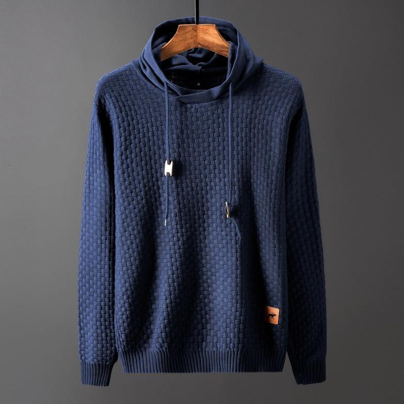 Men's pullover sweater, blue textured knit, hooded pullover with front pouch pocket.