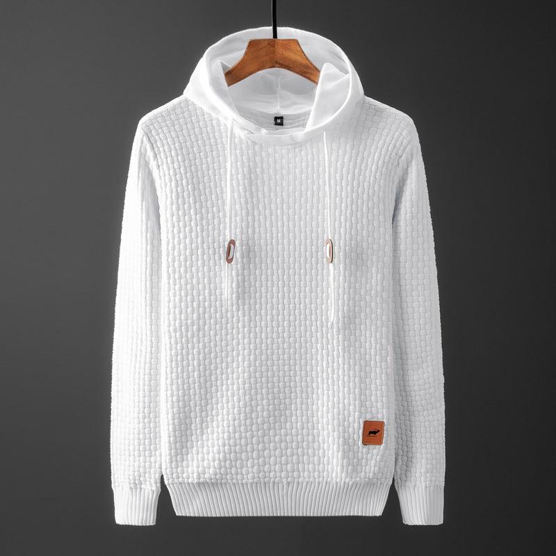 Men's pullover sweater, white textured knit, pullover hood and long sleeves.