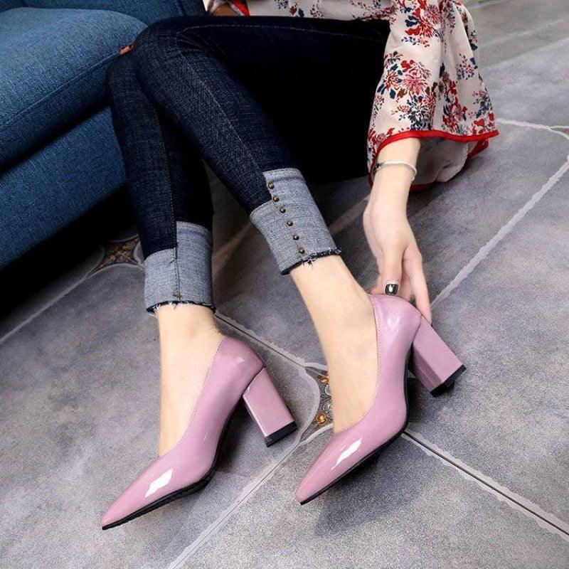 Thick Heel Pointed High Heels - WOMONA.COM