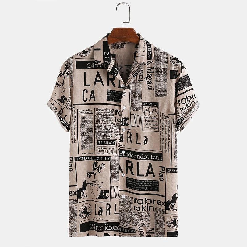 Cream newspaper-print Hawaiian shirt with open collar, short sleeves, button front