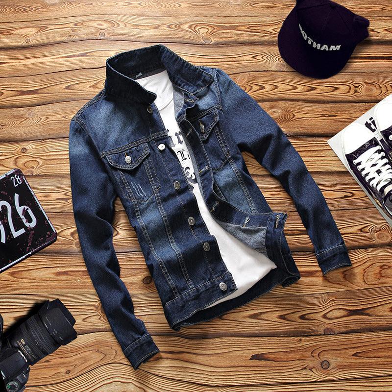 Men's denim long-sleeve jacket with button-front, chest pockets, and white inner layer.