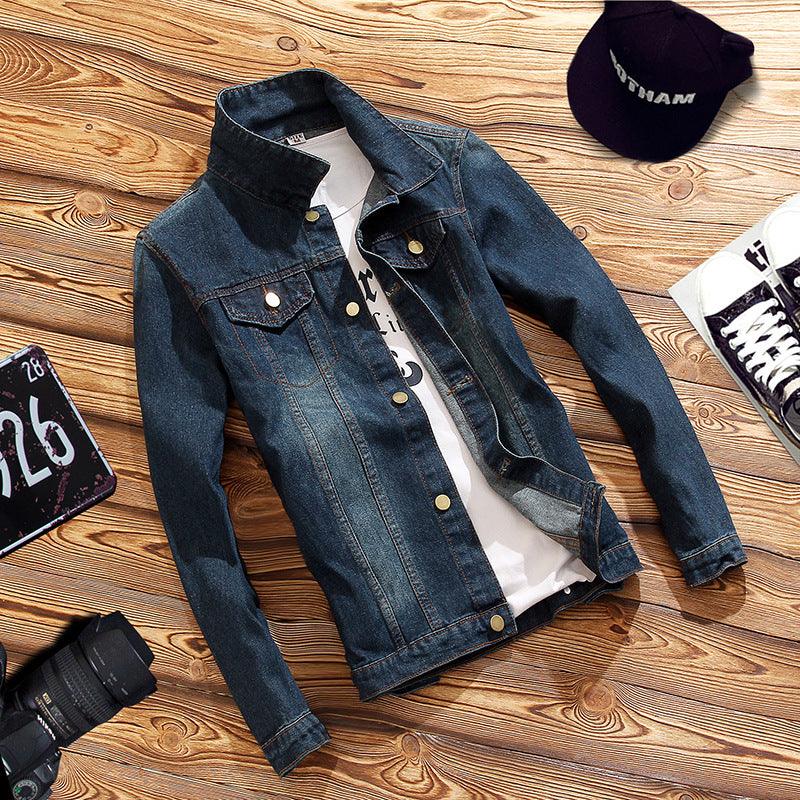 Men's denim long-sleeve jacket in medium blue, button-front with two chest flap pockets.